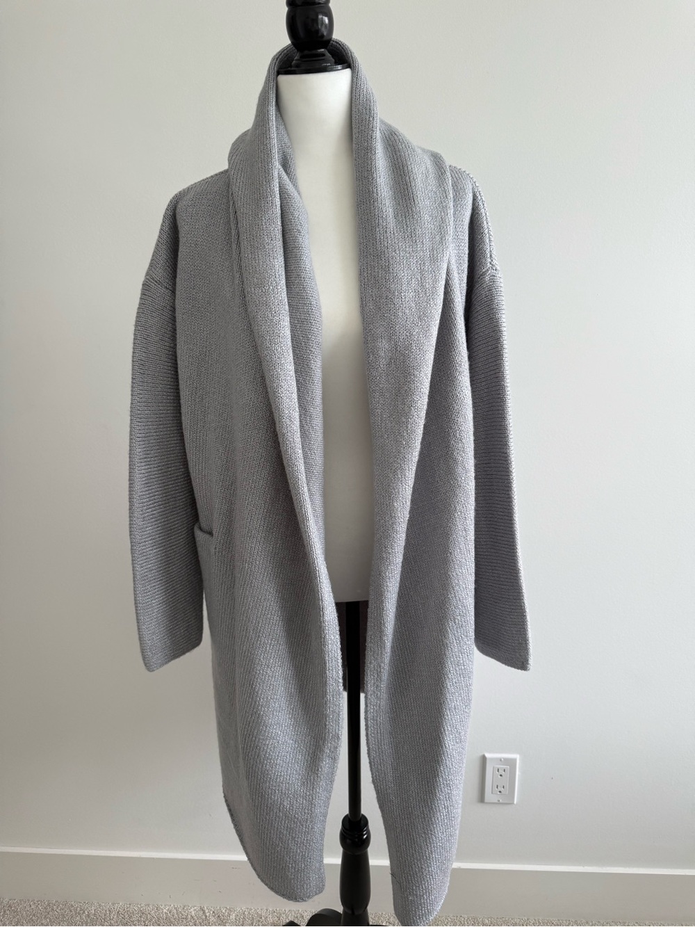 LOVESTITCH Light Gray Open-Front Shawl Collar Long Cardigan